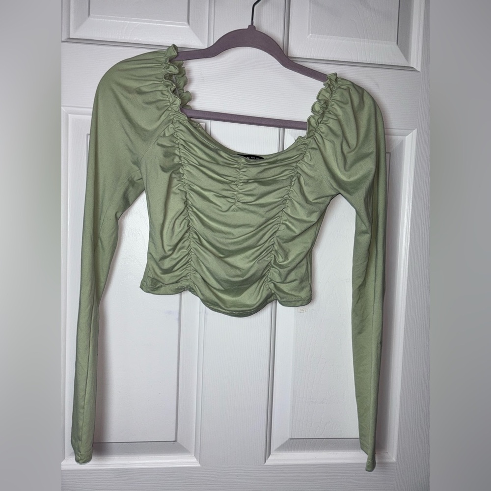 Womens Mesh Crop Tops Long Sleeve Off Shoulder Square Neck Ruched Style Blouse